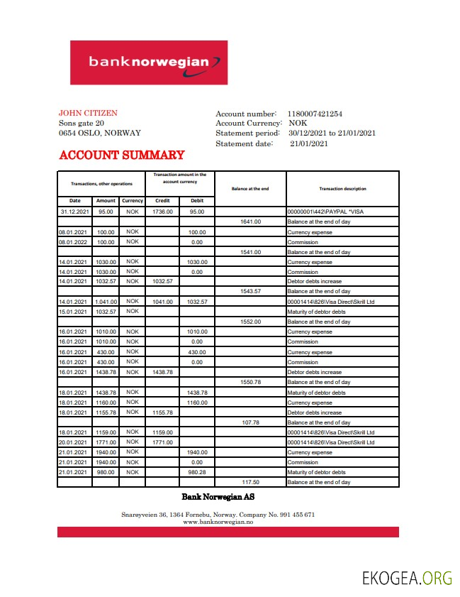Banque norvégienne Norwegian AS excel pdf
